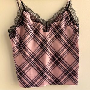 Victoria's Secret pink black lace plaid silky tank camisole sleep pajama top-M